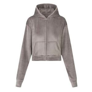 Skims Velour Crop Zip Up Lounge Hoodie NWOT Gray Smoke Size Large